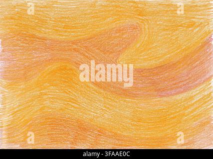 Texture vibrante orange et jaune au crayon avec des traits doux en forme de vagues, différentes nuances. Fond dessiné à la main plein de chaleur et d'énergie. Parfait pour les affiches, les invitations, le scrapbooking, les projets numériques. Banque D'Images