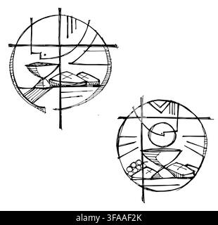 Collection géométrique dessinée à la main en encre noire de symboles eucharistiques chrétiens présentant un calice, du pain, une hostie, des raisins et des lignes rayonnantes dans deux cercles Illustration de Vecteur