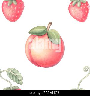 Motif sans couture avec pêches, fraises. Illustration aquarellée peinte à la main isolée sur blanc pour textile, tissu, emballage, papeterie, fond mural Banque D'Images