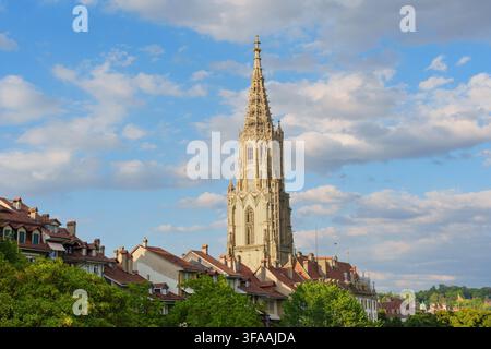 La flèche de la cathédrale de Berne domine les toits historiques de la vieille ville et les arbres verdoyants sous un ciel bleu éclatant rempli de nuages blancs en Suisse Banque D'Images