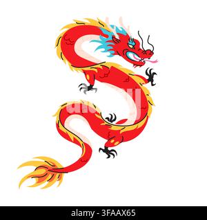Illustration colorée d'un dragon rouge chinois avec un dragon oriental stylisé sur fond blanc, aux couleurs vives, personnage mythique et détails traditionnels inspirés de l'Asie. . Illustration vectorielle Illustration de Vecteur