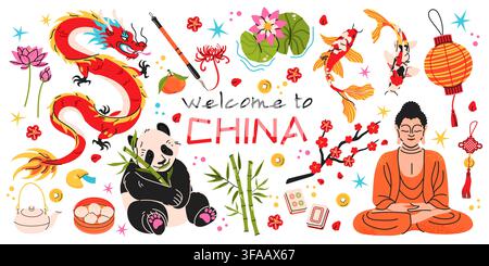 Set d'autocollants sur la culture chinoise et les voyages en Chine avec des symboles traditionnels comme le dragon, le panda, le poisson koï, le bambou. Illustration vectorielle Illustration de Vecteur