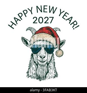 Bonne année 2027 Chèvre amusante avec un chapeau du Père Noël Illustration de Vecteur