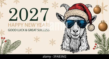 Bonne année 2027 Chèvre en chapeau de Père Noël et lunettes de soleil Illustration de Vecteur