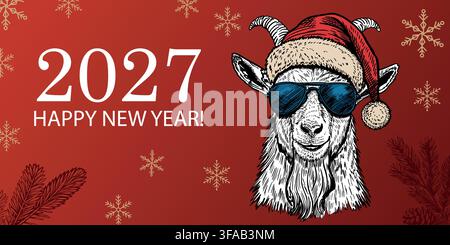 Bannière rouge « Happy New Year 2027 » pour les vacances de la chèvre Illustration de Vecteur