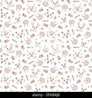 Motif sans couture avec chats, poissons pour nourriture pour animaux, pattes, inscriptions. Illustration vectorielle de style gribouillé, silhouettes dessinées à la main. Impression de contours pour textiles, emballages et produits pour animaux de compagnie. Illustration de Vecteur