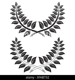 Art linéaire minimaliste de deux branches de laurier en tons noir et blanc conçues pour les arts graphiques traditionnels, les tampons artisanaux et l'iconographie d'entreprise. Illustration de Vecteur