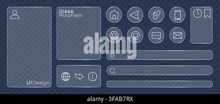 Conception de bouton en verre avec effet morphisme liquide. Icônes UI modernes et transparentes pour les applications web. Éléments d'interface numérique avec texture brillante et dépoli Illustration de Vecteur