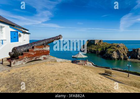 Canon en fer historique sur un affût en bois au sommet de Castle Hill, Tenby, Pays de Galles, avec vue sur la baie en direction du fort Palmerston sur l'île de St Catherines Banque D'Images