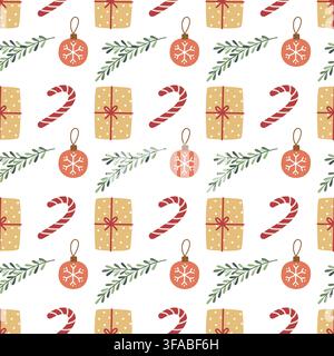 Motif sans couture de Noël avec une boule de boîte cadeau et une canne en sucre Illustration de Vecteur