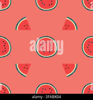 Motif sans couture avec moitié et morceaux de pastèque sur fond rouge. Motif estival fruité. Illustration vectorielle Illustration de Vecteur