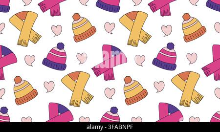 Motif sans couture de vêtements d'extérieur – chapeau et écharpe. La forme du cœur, amour. Vêtements en laine pour l'hiver et l'automne Illustration de Vecteur