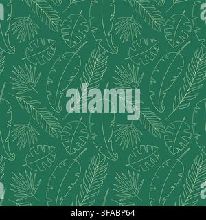 Motif de feuilles tropicales en contour sur fond vert. Nature exotique. Imprimé botanique. Jungle. Feuilles de palmier. Emballage. Illustration de Vecteur