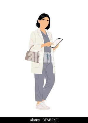 Femme professionnelle en tenue médicale tenant une tablette Illustration de Vecteur