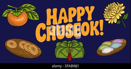 Bannière vectorielle joyeuse pour Chuseok avec éléments traditionnels coréens, kaki, songpyeon et emballage cadeau Illustration de Vecteur