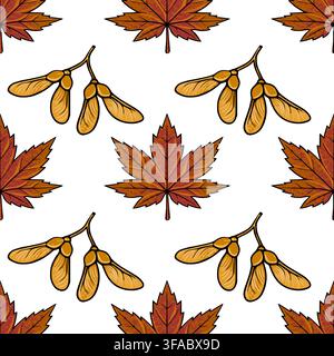 Motif vectoriel sans couture avec des feuilles d'érable automnales et des graines ailées sur fond blanc Illustration de Vecteur