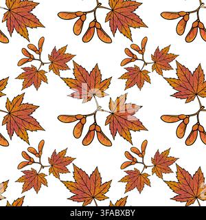 Motif vectoriel sans couture avec des feuilles d'érable détaillées et des graines ailées dans des couleurs d'automne Illustration de Vecteur