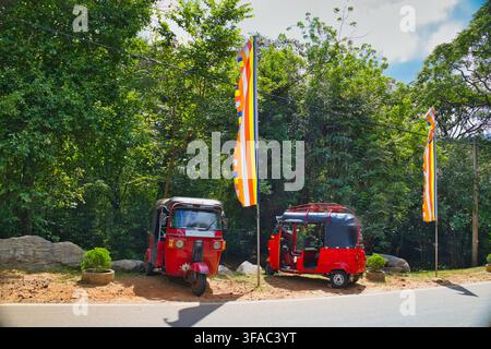 Drapeaux bouddhistes et tuk‑tuks rouges garés devant les temples des grottes de Dambulla au centre du Sri Lanka, avec une végétation tropicale entourant le site religieux Banque D'Images