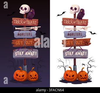 Panneau en bois effrayant pour Halloween avec crâne Illustration de Vecteur