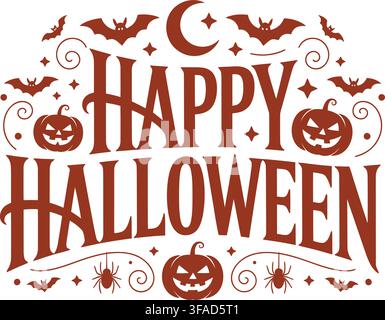 Carte de vœux Halloween vibrante avec un texte audacieux disant 'Happy Halloween' entouré de citrouilles ludiques, de chauves-souris et d'étoiles sur un fond blanc isolé Illustration de Vecteur