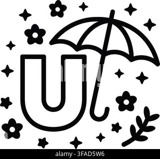 Une illustration vectorielle propre et isolée présentant un parapluie noir positionné au-dessus d'une lettre U en gras, entourée d'étoiles ludiques et de fleurs délicates sur Illustration de Vecteur