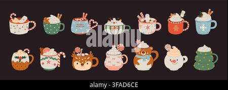 Mugs de Noël. Tasses de fête avec boissons chaudes hivernales. Cacao réconfortant en dessin animé, chocolat, lait, café, thé avec crème, guimauves, bâton de sucre, biscuit Illustration de Vecteur