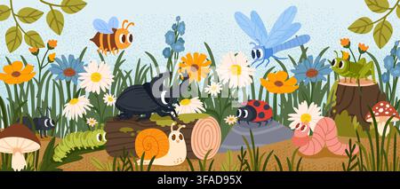 Scène pour enfants avec des insectes. Insectes de jardin. Fond de dessin animé avec une abeille, une sauterelle, une coccinelle, une chenille, une libellule, un ver, une fourmi dans l'herbe. Enfant mignon dans la nature Illustration de Vecteur