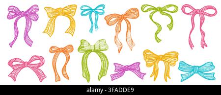 Collection colorée de rubans et nœuds coquette en doodle. Croquis au crayon craie nœuds style grunge. Accessoires girly fantaisistes pour emballages cadeaux, enterrement de vie de jeune fille, fête et design de mariage. Illustration vectorielle Illustration de Vecteur
