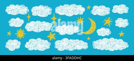 Nuage de crayon, ensemble d'éléments ciel lune étoilée. Formes de gribouillis pastel au crayon dessinées à la main mignonnes dans un style enfantin naïf. Icônes de nuages blancs et douillets adorables pour chambre d'enfant, projet scolaire illustration de conception ludique Illustration de Vecteur