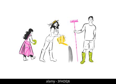 Ensemble de personnes jardinant avec une femme, un homme et un enfant, jardiniers arrosant des plantes et travaillant avec des outils de jardin, activités printanières en plein air dessinées à la main Illustration de Vecteur