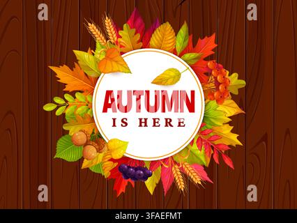 Bannière ronde Bonjour l'Automne avec feuilles d'automne, glands Illustration de Vecteur