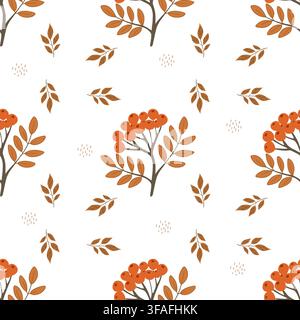 Motif sans couture avec branches de baies de sorbier d'automne, feuilles et petites marques en trait, design de tissu et de papier peint saisonnier et douillet. Banque D'Images