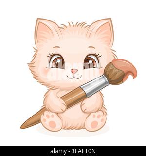 Mignon chat de dessin animé tenant un pinceau avec de la peinture brune. Illustration vectorielle de personnage animal sur fond blanc. Illustration de Vecteur