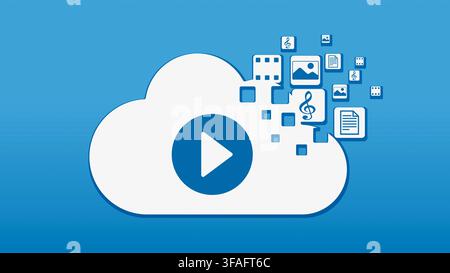 Stockage dans le cloud et médias numériques : illustration symbolique sur le thème du cloud computing, du stockage en ligne, du streaming, des médias en ligne, etc. *** Stockage dans le cloud et médias numériques : image d’archive liée au cloud computing, au stockage en ligne, au streaming, aux médias en ligne, etc. Banque D'Images