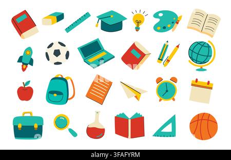 Fournitures scolaires avec des fournitures de bureau mignonnes dessinées à la main et du matériel d'étude. Illustration de Vecteur