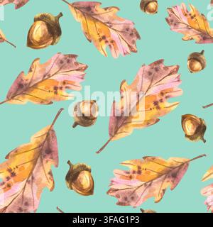 Feuillage automnal avec des feuilles de chêne brunes et des glands. Illustrations aquarellées dessinées à la main. Motif simple sans couture sur un fond turquoise pour textiles Banque D'Images