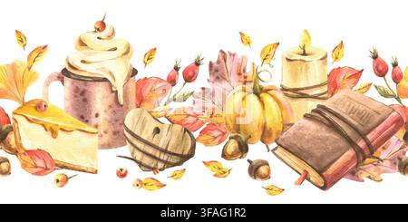Nature morte aquarellée d'automne avec citrouille, gâteau, café, bougie, feuilles, baies, glands et livre. Décoration de récolte chaleureuse pour bannière de vente saisonnière Banque D'Images