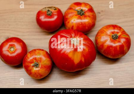 Tomates Heirloom fraîches et mûres sur une table en bois Banque D'Images