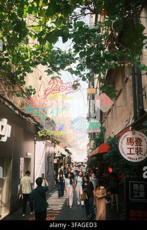 Les touristes déambulent dans les ruelles artistiques de style Tianzifang ornées d'installations artistiques lumineuses au néon au-dessus de leur tête à Chongqing, en Chine. Banque D'Images