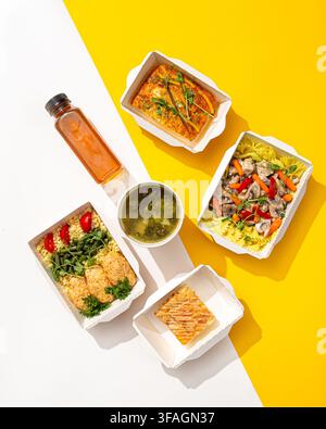 Ration de repas sain livrée sur fond jaune Banque D'Images