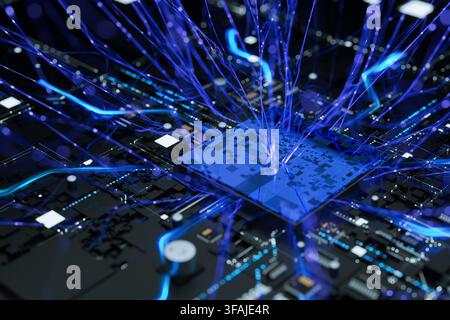 Une vue rapprochée d'un processeur central d'IA sur une carte électronique avec des flux de données bleus brillants et des connexions de réseau neuronal rayonnantes, représentant Banque D'Images