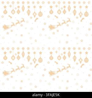 Motif sans couture festif avec traîneau du Père Noël, rennes, étoiles et ornements sur fond clair. Illustration de Vecteur