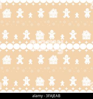 Un motif sans couture mignon et élégant présentant des silhouettes blanches d'hommes en pain d'épice, de maisons et de flocons de neige sur un fond beige chaud. Ce minimalisme Illustration de Vecteur