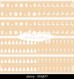 Une collection de quatre motifs sans couture élégants pour Noël et le Nouvel An représentant des maisons en pain d'épice, des rennes, des pins et des cannes en sucre dans un style minimal Illustration de Vecteur