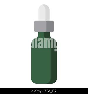 Flacon goutteux en verre vert foncé avec col gris et bulbe en caoutchouc blanc. Idéal pour le branding cosmétique naturel Illustration de Vecteur