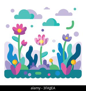 Prairie de jardin vibrante remplie de fleurs roses et violettes en fleurs, d’un feuillage bleu luxuriant et de nuages doux flottant dans le ciel. Idéale pour la conservation de la nature Illustration de Vecteur