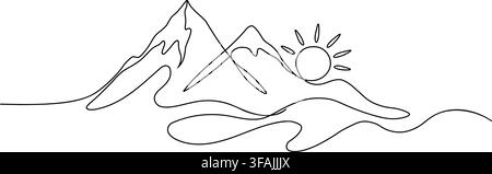 Art linéaire continue Montagnes avec lever de soleil – Dessin naturaliste minimaliste Illustration de Vecteur