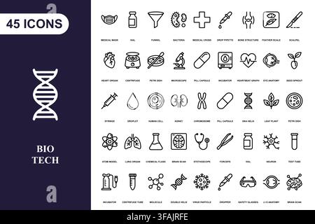 Une collection complète d'icônes de contour médicales et biotechnologiques pour les projets de conception de soins de santé et de laboratoire. Illustration de Vecteur