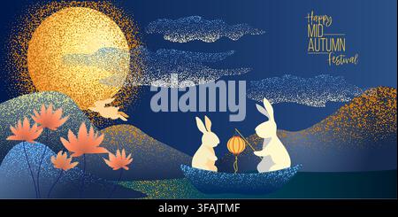 Arrière-plan numérique créatif pour le festival du milieu de l'automne avec une lune brillante et des silhouettes de lanternes en forme de lapins Illustration de Vecteur