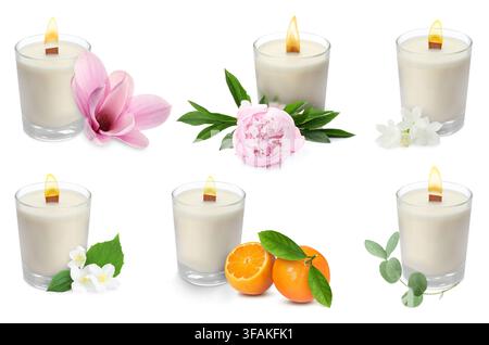 Bougies aux parfums variés sur fond blanc, set Banque D'Images